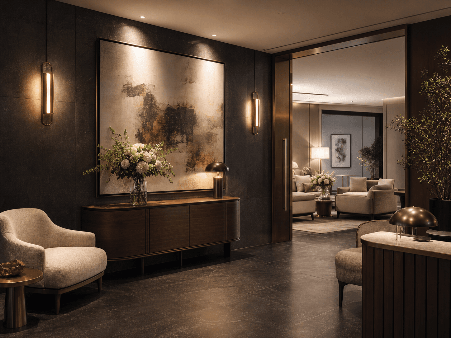 Hotel-inspired private residence arrival foyer and lounge