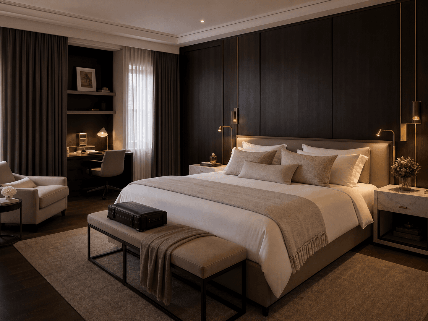 Private luxury bedroom suite prepared for a longer professional stay