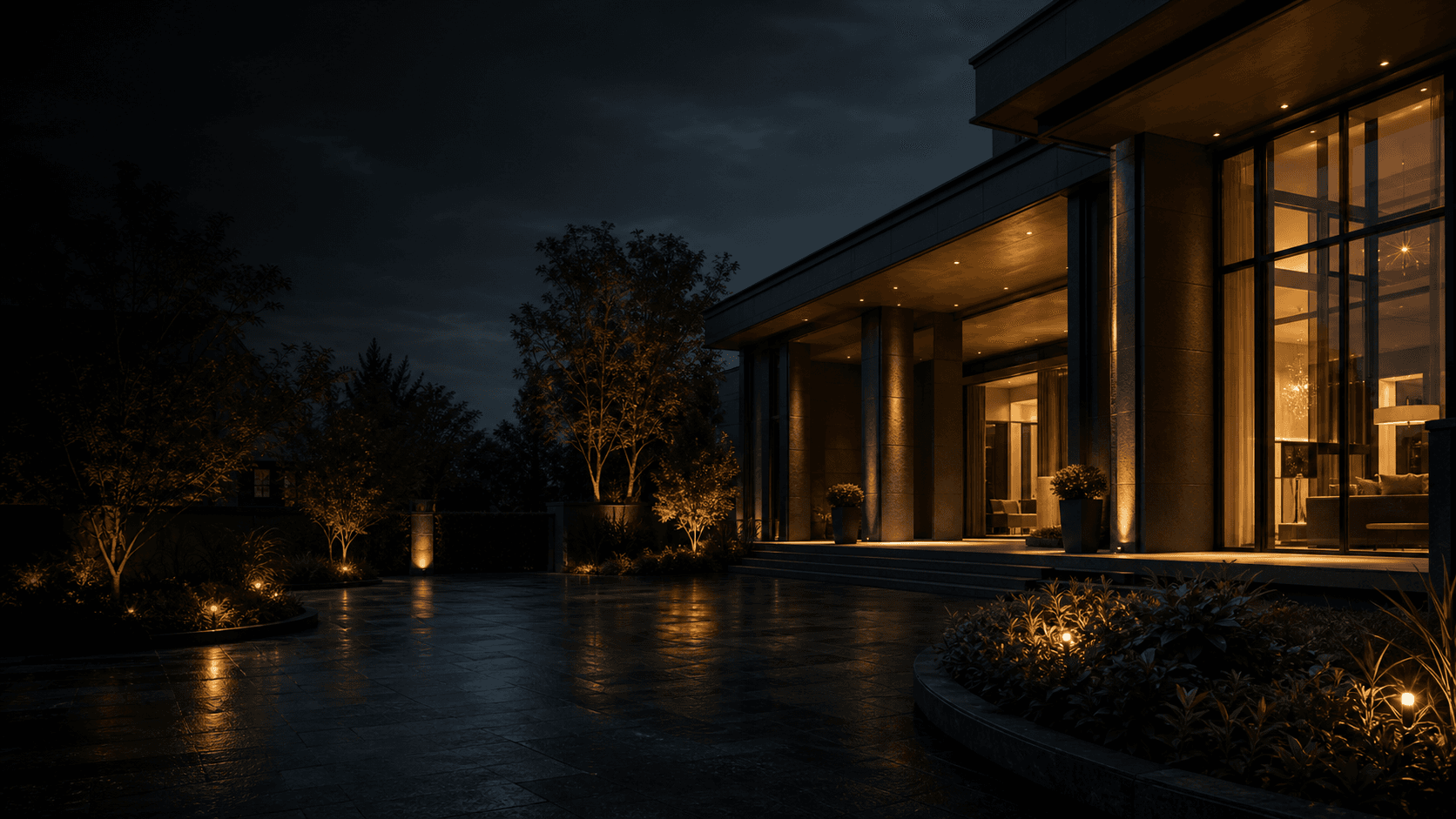 Luxury estate exterior with warm evening hospitality lighting